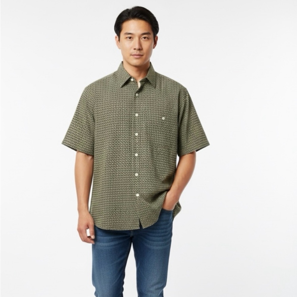 Men’s button down‎ shirt Stylish Navy Blue Green Patterned. ships next biz day